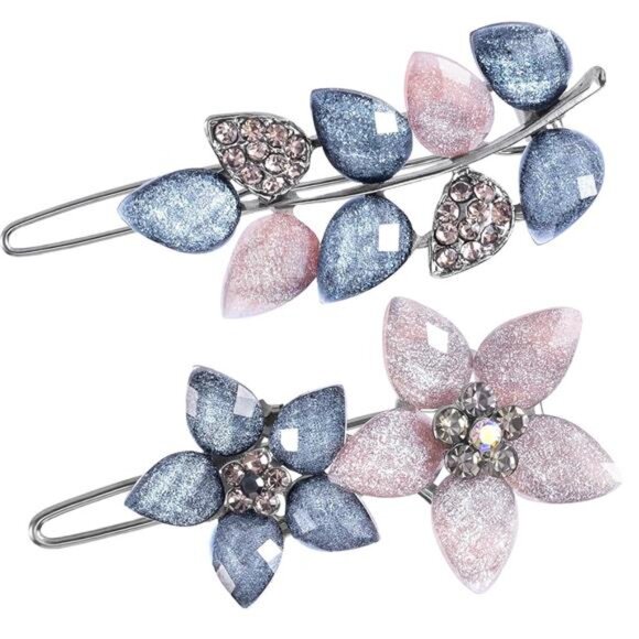 Accessories - 2Pcs 2inch Vintage Rhinestone Hair Barrettes Pink Gray Small Flower Clips